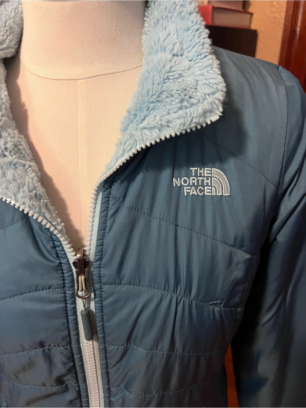The North Face Women's Light Blue Quilted Puffer with Sherpa Collar